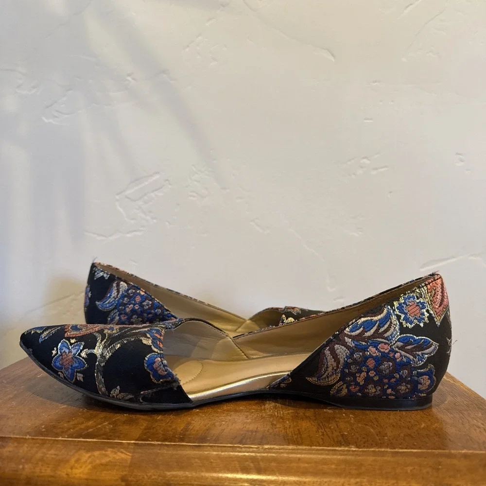 Naturalizer Samantha Half d'Orsay‎ Flat Black Metallic Floral Embroidered Size 6